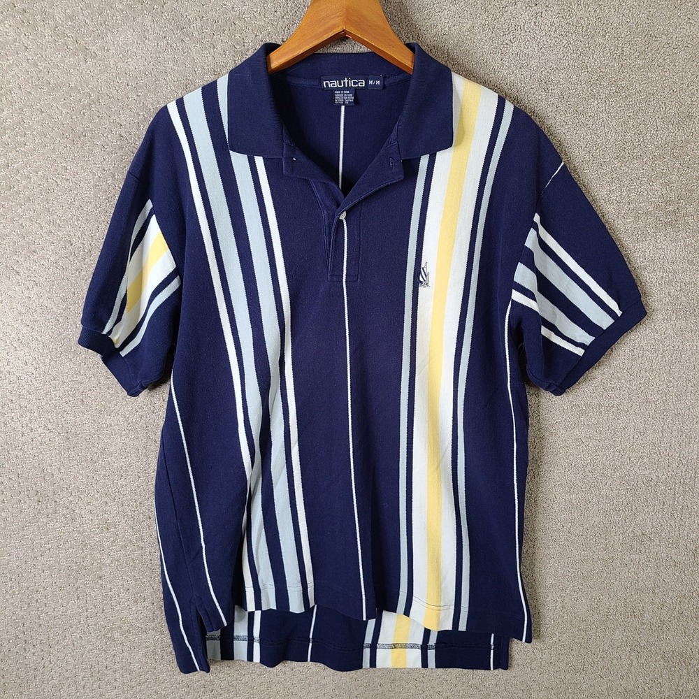 Vintage Nautica Shirt Mens Medium Blue Striped Pique Polo Short Sleeve Cotton